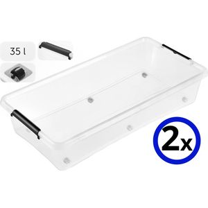 2x Onder Het Bed Opbergbox - 35L - Met Deksel & Wielen - Transparant / Grijs