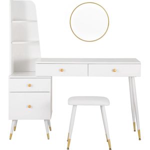 Make-up Tafel - 3-in-1 Kaptafel - Met Spiegel - Met krukje - Dressoir - Luxe Kaptafel - Slaapkamer - Moderne look - Wit - Goud