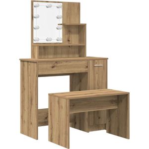 vidaXL Kaptafel Set - Kaptafel Sets - Kaptafel - Ijdelheid Tafel - Kaptafelset met LED-verlichting bewerkt hout artisanaal eiken