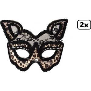 2x Luxe oogmasker panter met kant - Festival thema party fun carnaval feest venetie