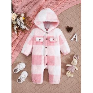 Baby Jongen en Meisje Geruite Romper met Capuchon - Lange Mouwen Pluche Jumpsuit - Winter Warme Bodysuit voor 3-6 Maanden - Peuter Kleding, Baby Winterkleding