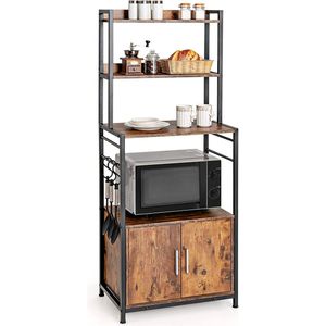 Keukenrek met opbergkast, bakkersrek met haken, staand rek met planken, keukenkast met deur en verstelbare poten, voor keuken en eetkamer, vintage industrieel rek
