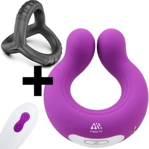 2x Aii Cockringen - 1x Cockring vibrerend met afstandsbediening + 1x Siliconen penisring + Gratis Opbergtas voor vibrerende cockring - paars