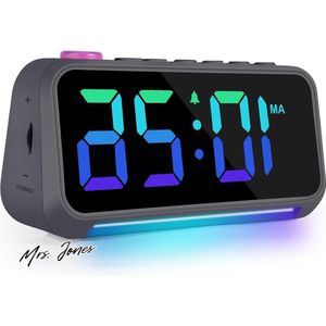 Mrs. Jones Wekker voor kinderen tieners volwassenen nachtlampje digitale klok met meerdere lettertypen dimbaar 5 volumes USB-oplader - donkergrijs .