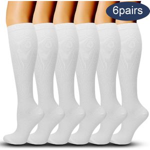 Unisex compressiekousen, verpakking met 6 paar, geschikt voor hardlopen, reizen (vliegtuig), sport, hardlopen en persoonlijke verzorging,Wit,S/M