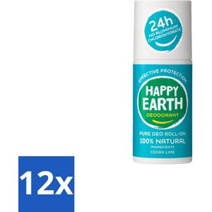 Happy Earth – Deodorant Roll-On – 100% Natuurlijk Cedar Lime – 75 ml - Voordeelverpakking - 12 stuks