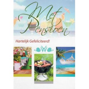 Met pensioen! Hartelijk gefeliciteerd! Een prachtige en bijzondere wenskaart met verschillende afbeeldingen. Een hangmat boven het strand in de palmboom, een barbecue en tuinbenodigdheden. Een dubbele wenskaart inclusief envelop en in folie verpakt.