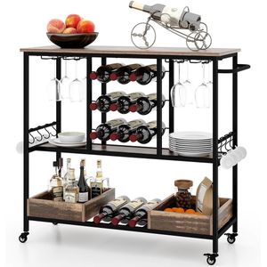 COSTWAY Keukenwagen 3 verdiepingen, serveerwagen met wieltjes, glazen houders, wijnrek & haken, industriële rolwagen voor keuken, eetkamer en woonkamer 107,5 x 40 x 91,5 cm