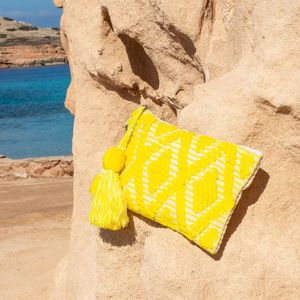 Bohemida Ibiza Clutch/ Toilettas XL -Boho Sunny Yellow/Beige - Ruime Toilettas & Clutch - Katoen - Afsluitbaar