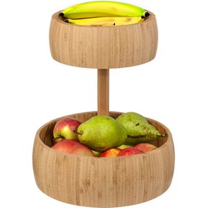 5Five Fruitschaal/fruitmand Bali XL - bamboe hout - D29 x H35 cm - bruin - rond - 2 niveaus opslag