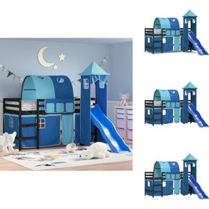 vidaXL Kinderhoogslaper - Kinderhoogslapers - Kinderbed - Peuterbed - Kinderhoogslaper met toren 90x190 cm massief grenenhout blauw
