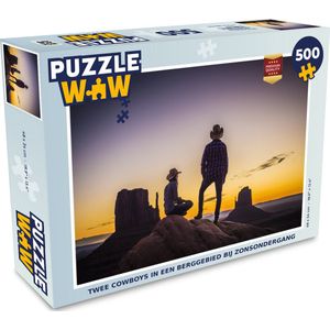 Puzzel Twee cowboys in een berggebied bij zonsondergang - Legpuzzel - Puzzel 500 stukjes