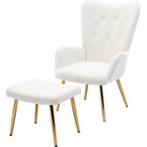 Merax Relaxstoel met Kruk - Wingback stoel met Voetensteun - Wit met Goud