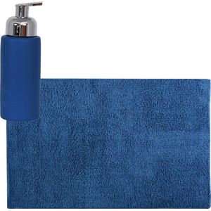MSV badkamer droogloop mat/tapijt - 40 x 60 cm - met zelfde kleur zeeppompje 250 ml - donkerblauw
