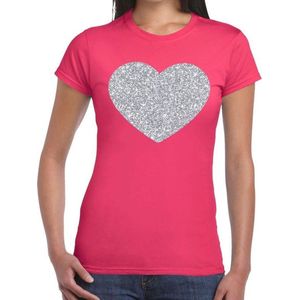 Zilveren hart glitter t-shirt roze dames - dames shirt hart van zilver S