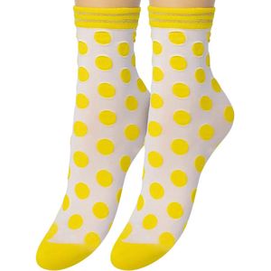 Bonnie Doon Big Dots Sheer Sokjes Wit met GeleStippen maat 36/42 - Set van 2 paar - Korte panty sokjes - Stippen - Glitter Streep boordje - Net boven enkel lengte -Zomer sokjes - wit met Geel - Dandelion Geel - OL21111202.195