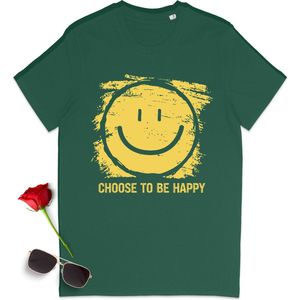 Grappig tshirt met smiley print en quote - T-shirt met choose to be happy opdruk - Dames en heren t shirt - Leuk, blij tshirt voor vrouwen en mannen - Unisex maten: S M L XL XXL XXXL - Shirt kleuren: Zwart en groen (bottle green).