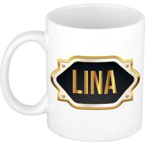 Lina naam cadeau mok / beker met gouden embleem - kado verjaardag/ moeder/ pensioen/ geslaagd/ bedankt