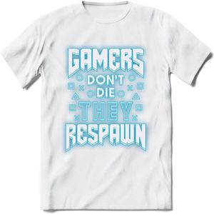 Gamers don't die T-shirt | Neon Blauw | Gaming kleding | Grappig game verjaardag cadeau shirt Heren – Dames – Unisex | - Wit - XL