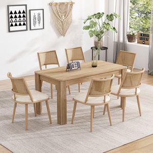 Sweiko Eetkamerstoel, 6-delige set, PU Zitdecoratie, Rotan Geweven Rugleuning, Retro natuurlijk, woonkamer, slaapkamer stoel, Beige(Tafel niet inbegrepen)