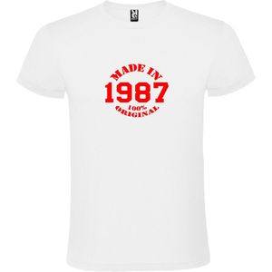 Wit T-Shirt met “Made in 1987 / 100% Original “ Afbeelding Rood Size XL