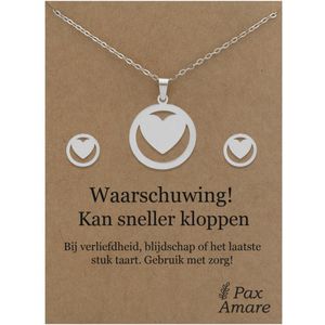 Stainless Steel Hartje Ketting + Oorbellen Setje op Cadeau Kaartje - Waarschuwing! Kan sneller kloppen - 45 cm ketting & ± 10x10mm Oorknopjes - Zilverkleurig Roestvrij Staal - Pax Amare