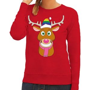 Foute kersttrui / sweater Gay Ruldolf met regenboog muts en roze sjaal rood voor dames - Kersttruien M