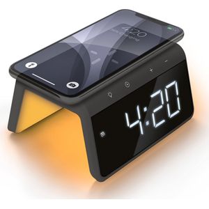 Caliber Digitale Wekker - Wekker met Draadloze Oplader - Wake Up Light - Digitale Klok - Dimbaar - Twee Alarmen - geschikt als kinderwekker - Nachtlamp - Kleur Antraciet Grijs (HCG019QI-SG)