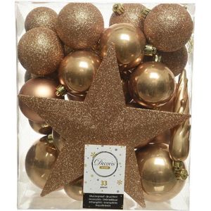 33x Camel bruine kunststof kerstballen 5-6-8 cm - Mix - Onbreekbare plastic kerstballen - Kerstboomversiering camel bruin