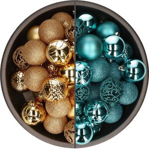 Bellatio Decorations Kerstballen mix - 74-delig - turquoise blauw en goud - 6 cm - kunststof