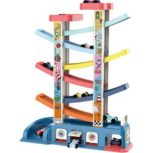Allerion Toddler Baan – Peuter Speelgoed – Zig-Zag Auto Baan – Plastic Jodelbaan - Met 8 Autootjes en Garage