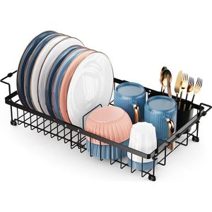 Dish Drainer - Dish Drainer Dish Drainer Teller, over de gootsteen of in de gootsteen, keukenafvoer met verwijderbare bestekhouder, grote capaciteit (zwart, groot)