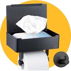 Toiletrolhouder Zwart met Plankje en Bakje - Zonder Boren - Pasper - wc rolhouder zelfklevend - inclusief Extra Handdoekhaak