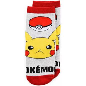 Pokémon Pikachu Anti-Slip Sokken – Grijs met Pokéball – Kinder Sokken met Rode Grip – Maat 23/26