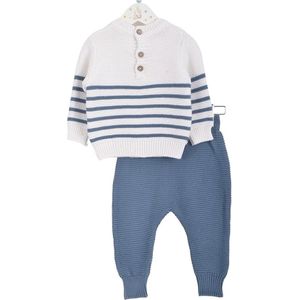 Minora Newborn Baby Kleding Set - Jongens en Meisjes - Winterbroek en trui- 3/6 Maanden- Kraamcadeau - Babyshower-Newborn tweedelige gestreepte set-Marine blauw- Sinterklaas