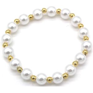 Armband – elastiek - sieraad - accessoire - RVS – roestvrij staal – parels - goudkleurig - 18 cm – cadeau – geschenk – feest – feestdagen