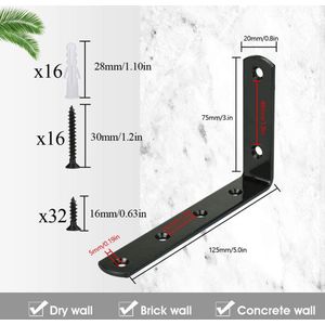 8 stuks wandsteunen wandrek zwart heavy duty plankbeugel muur plankbeugel plank hoek 125 * 75 mm metalen plank beugel hoek connector met schroeven voor boeken woonkamer kantoor keuken