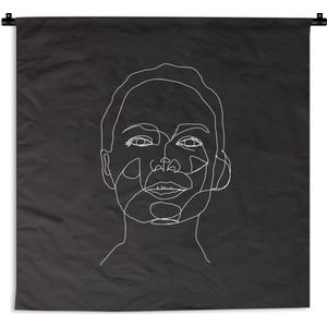 Wandkleed Line-art Vrouwengezicht - 20 - Illustratie blij vrouwengezicht op een zwarte achtergrond Wandkleed katoen 150x150 cm - Wandtapijt met foto