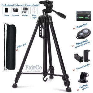 Professionele Universeel Camerastatief Voor Fotocamera en Smartphone Incl. Waterpas, Handgreep, Handel, Opbergtas, Bluetooth afstandsbediening en GoPro Adapter - Tripod - Smartphone Statief Model 3366 - Fairco
