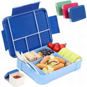 Broodtrommel voor kinderen, met vakken, 1330 ml, lunchbox voor kinderen, bento box, lekvrij met 6 vakken, bestekset, lunchbox, ontbijtbox voor meisjes en jongens, blauw