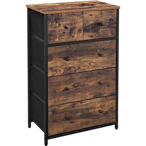 Ladecommode, stof 5 lades opberger, houten voorkant en bovenkant, industriële stijl dressoir, voor woonkamer, hal, kinderkamer, rustiek bruin en zwart LGS45H