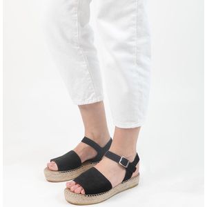 Manfield - Dames - Zwarte suède sandalen met plateauzool - Maat 37