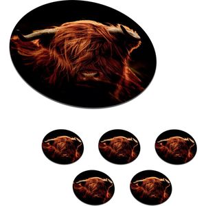 Onderzetters voor glazen - Rond - Schotse hooglander - Koe - Hoorns - Portret - Dieren - 10x10 cm - Glasonderzetters - 6 stuks