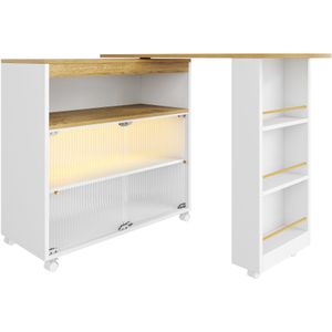 Uitschuifbare bartafel met opbergruimte, moderne verrijdbare bartafel, telescopische bartafel met LED, bartafel, bistrotafel, statafel, kookeiland, bistrotafel, grote opbergruimte, wit (138-204×39×105cm)