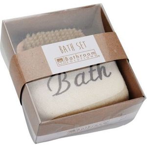 Bad essentials setje geschenkset - Spons / Schrobber / Bruisbal - Wit / Donkergeel - Hout / Kunststof - 12 x 5 x 14 cm