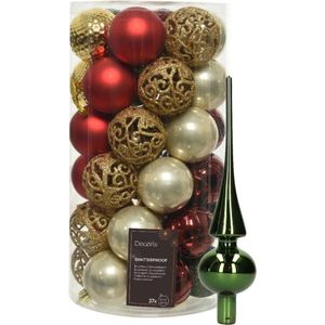 Kunststof kerstballen 37x st - rood/goud/parel/groen - 6 cm - met glazen piek groen
