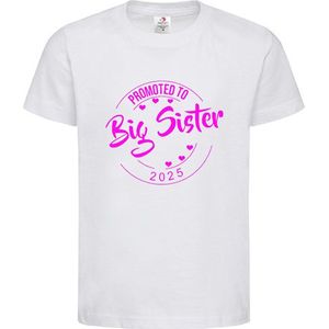 Shirt Aankondiging zwangerschap Promoted to Big Sister 2025 | korte mouw | Wit/fluor pink | maat 110/116 zwangerschap aankondiging bekendmaking Baby big sis sister Grote Zus