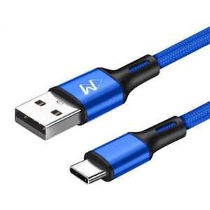 USB-C Data- en Laadkabel - 2.4A Snellader Kabel - Fast en Quick Charge Oplaadkabel - Type C Naar USB-A - Oplaadsnoer Telefoon - Laptop - Gevlochten Nylon – Blauw – 1 Meter - Wilsem ®
