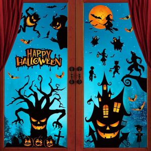 Hlloween Raamstickers, voor Halloween, gezicht, Halloween, decoratie voor deuren, stickers voor Halloween, ramen, heks in pompoenvorm, vleermuis en geesten (9 bladeren, zwart)