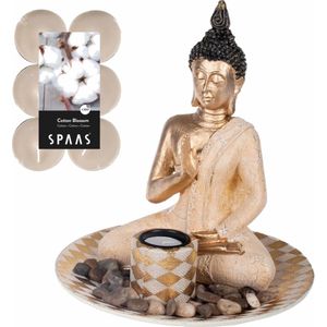 Boeddha beeld - binnen - 25 cm / 24x geurkaarsen Cotton Blossom - waxinelichtjes
